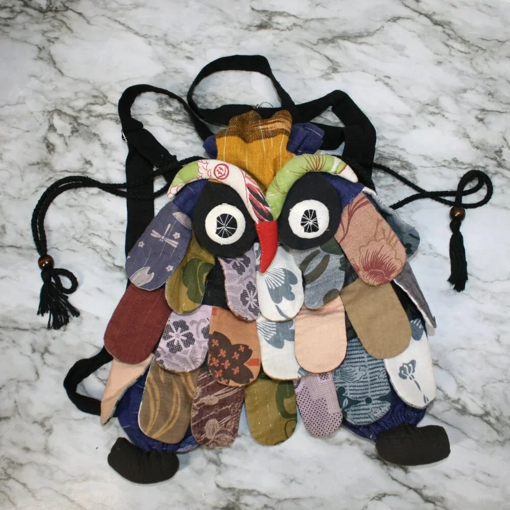 ARTISAN Backpack Owl Denim Purse Hobo Boho Blue Jean Fabric Handmade Bag